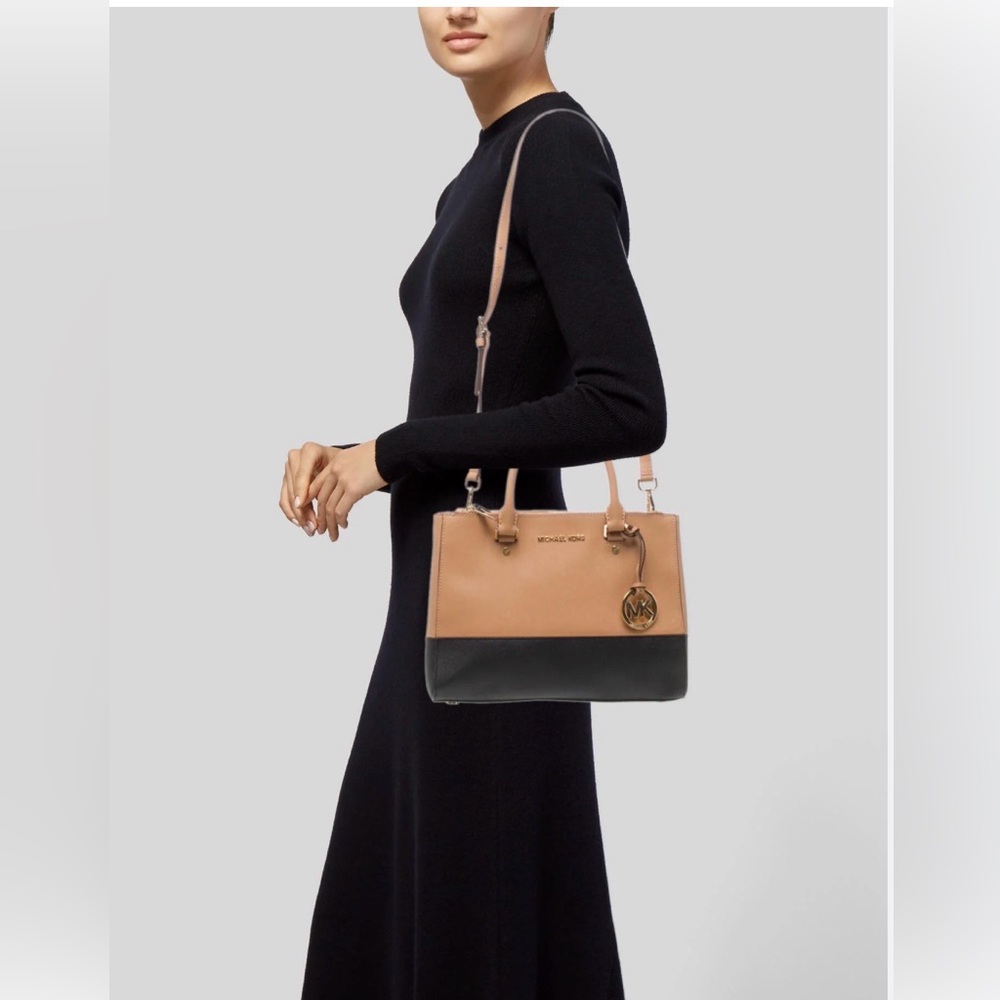 Michael Kors Black and Tan Satchel with Crossbody straps and Gold Tone hardware